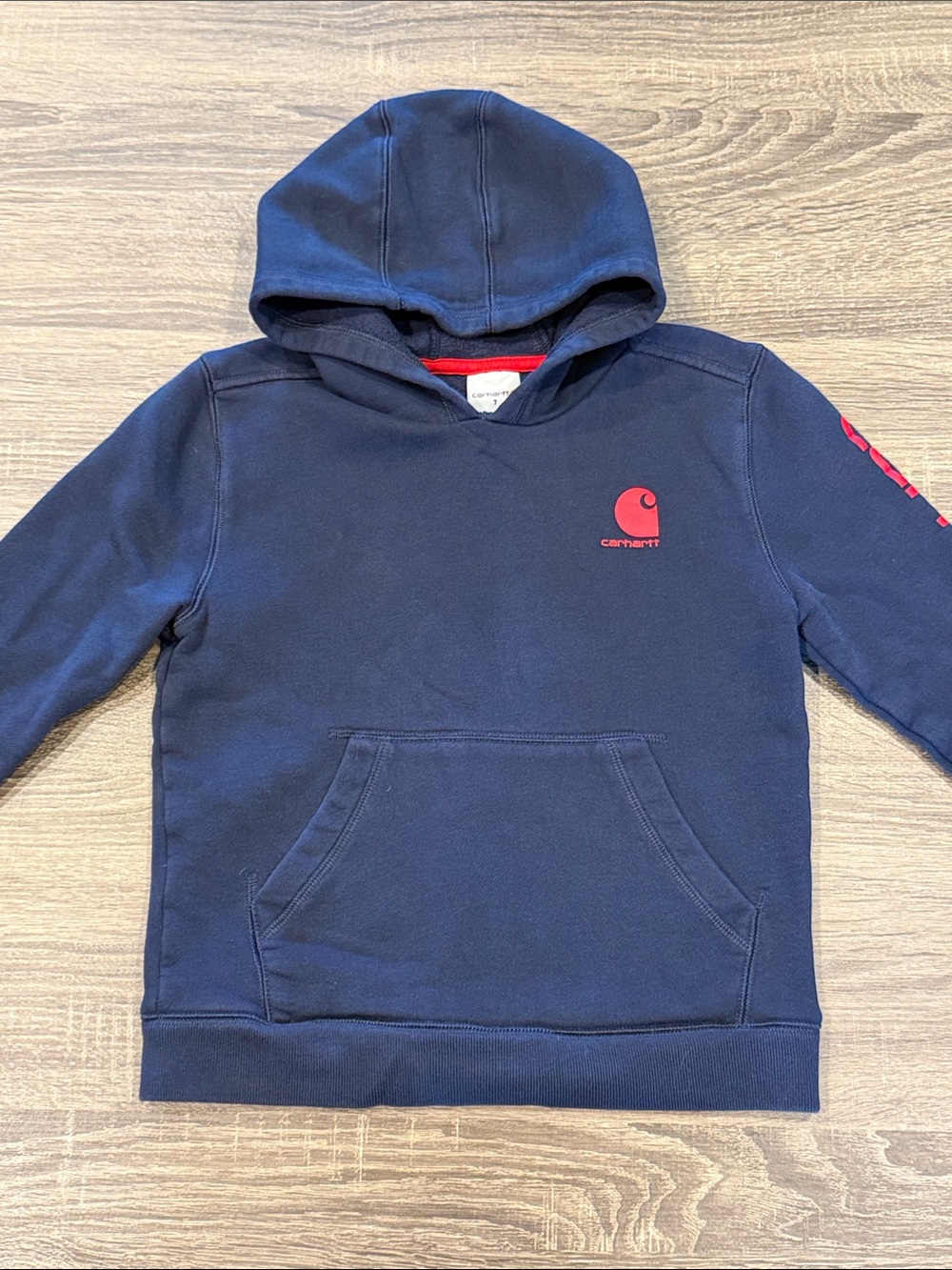 Carhartt Kids Navy Hoodie with Red Logo Detail